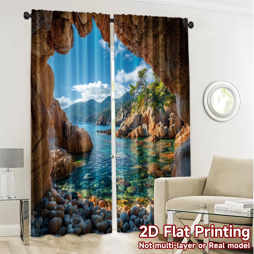 2pcs, 2D FLAT PRINTING Curtains (Without Rod) Coastal Haven Popular Light Filtering Curtains Durable Polyester Curtains