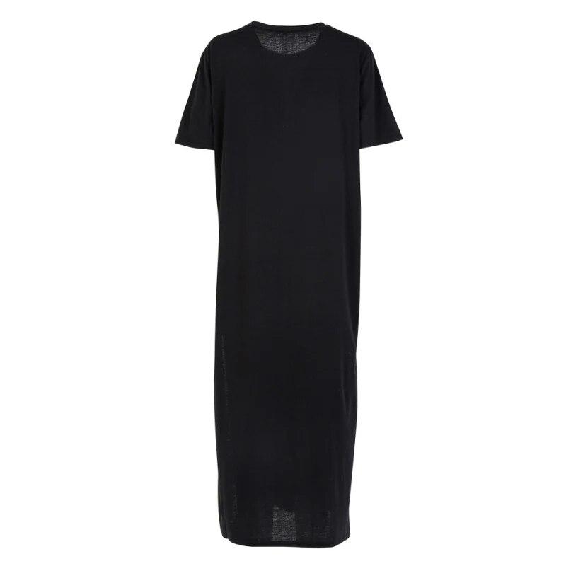 Women Long Dresses Cotton Side High Slit Short Sleeves Turtleneck Clothing Vestidos