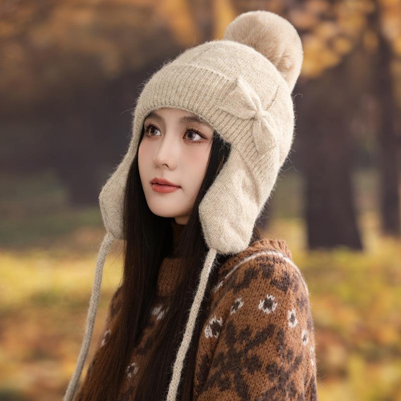 Sweet and Cute Bow Knitted Wool Hat Autumn and Winter Casual Versatile Windproof Ear Protection Hat Outdoor Warm Hat