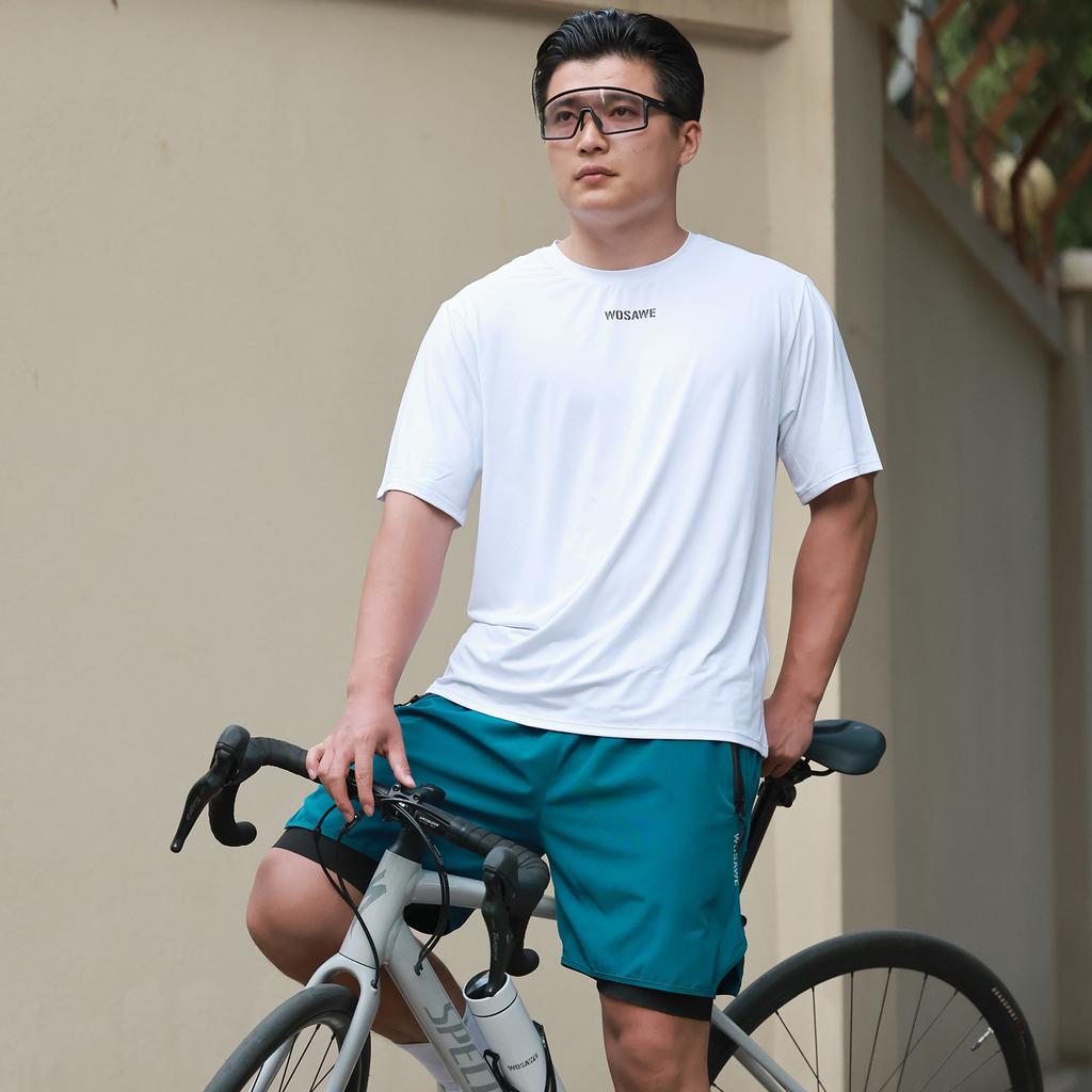 WOSAWE Męska i Damska Koszulka z Krótkim Rękawem na Rower Górski Outdoorowy Jazda na Rowerze Zestaw Spodenek MTB 2 w 1 z Wkładką