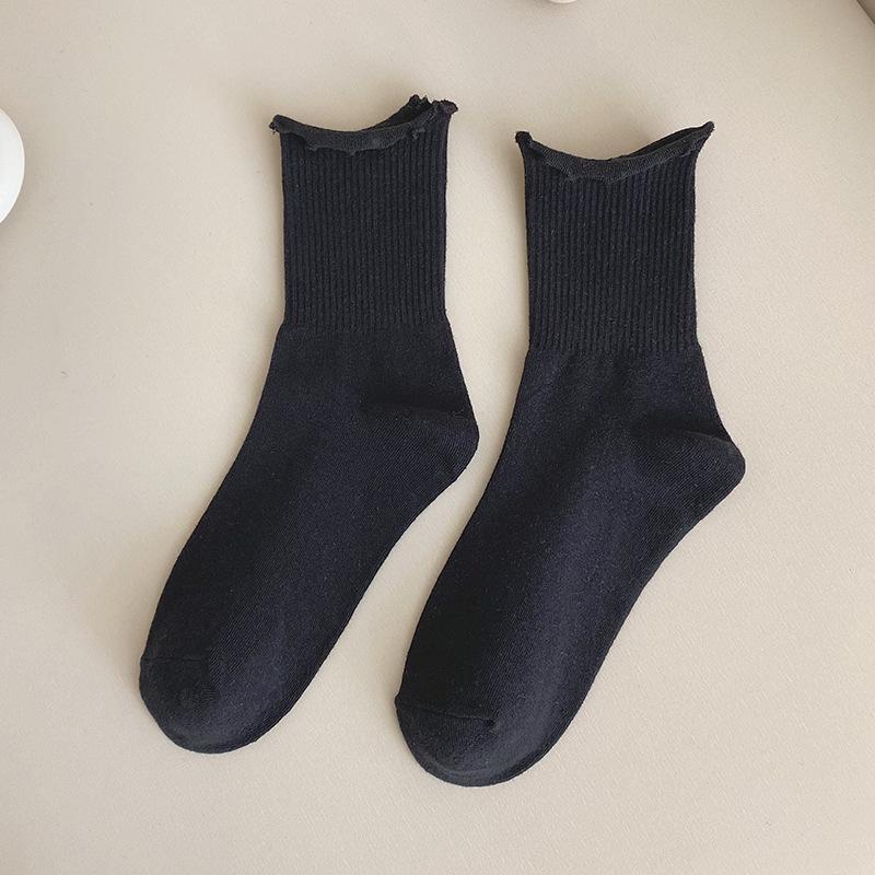 Spring and summer JK pure cotton solid color fungus lace socks women's medium tube Japanese cute girl socks Lolita versatile socks