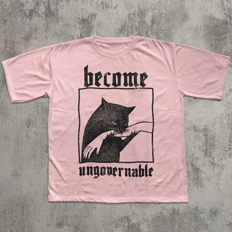 Funny Graphic Cat Biting Hand Tshirt Become Ungovernable Tees Vintage Graphic Tee Silly Cats Print Shirt Casual Tops Unisex