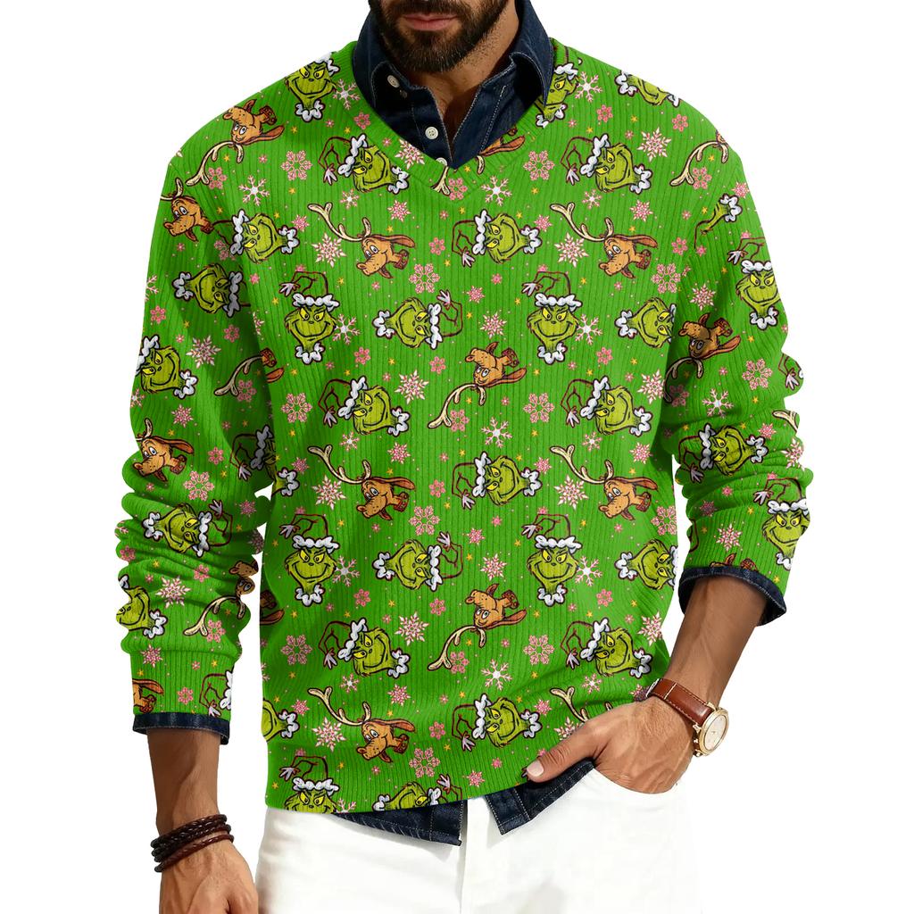 Men's V-neck Long Sleeve Ribbed Knit Pullover