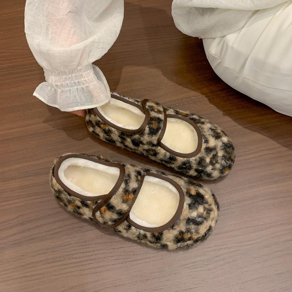 Fairy Wind Leopard Print Velvet Mary Jane Shoes Women's Bread Shoes Gentle Warm Fluffy Shoes Wear Cotton Shoes