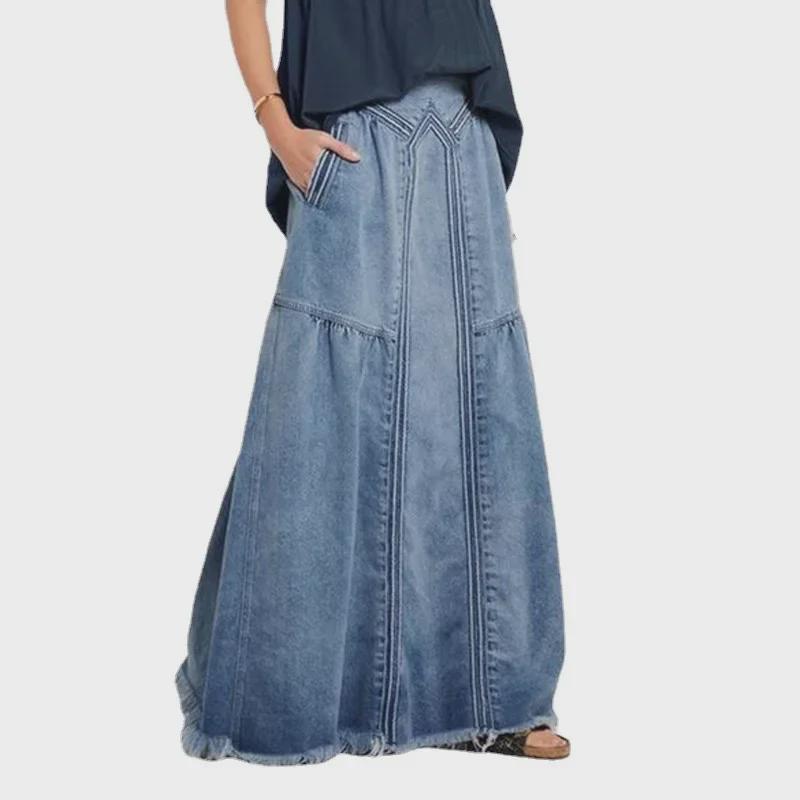 American-Style Gradient Denim A-Line Skirt: Spring/Autumn Casual Elegance 2024