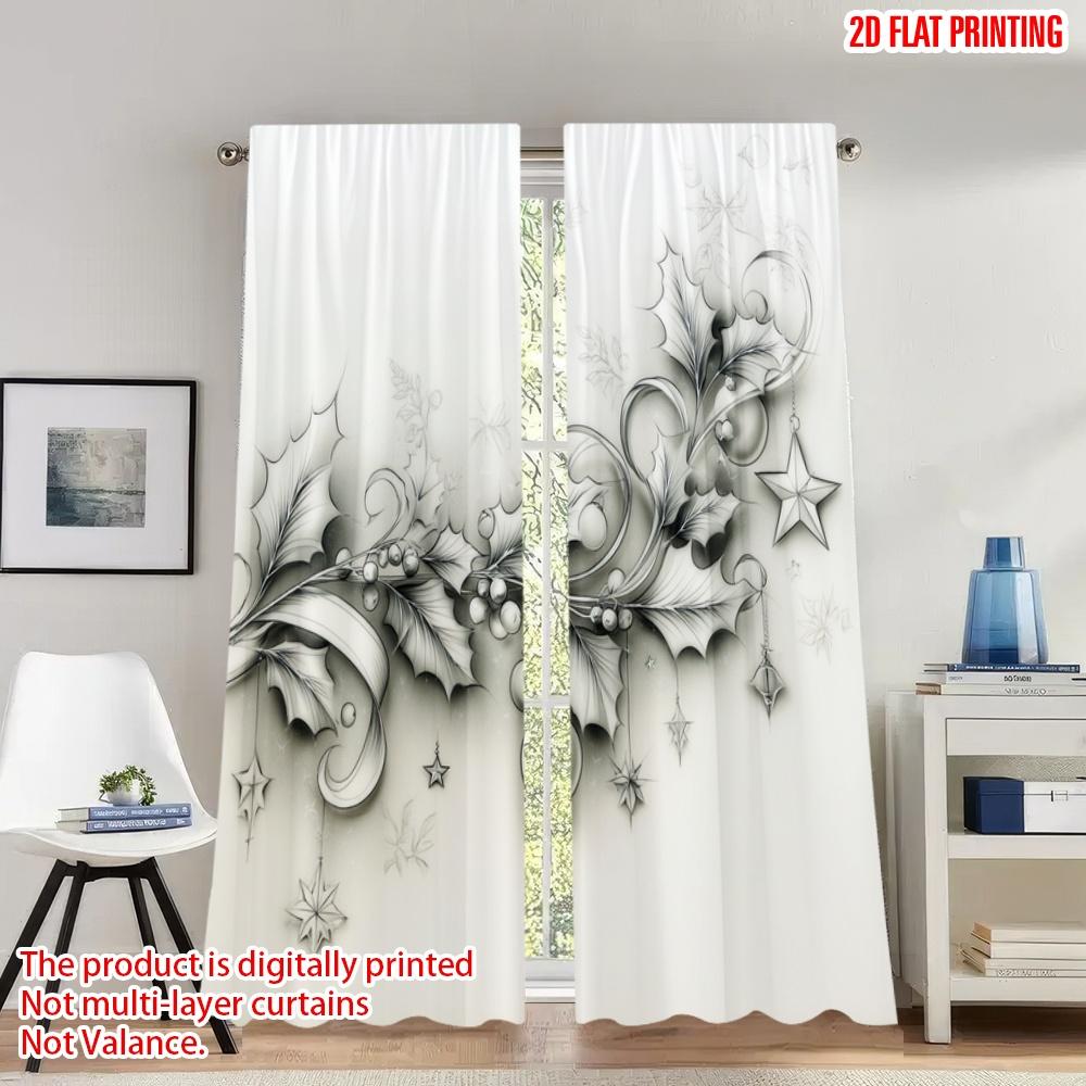 

2pcs 2D flat printing Christmas Party Curtains Christmas Holly Poinsettia Ornaments Digital Printed Polyester Drapes Festive 100*130 Grommet Top 1pcs