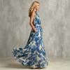 European and American Retro Elegant Blue Printed Sleeveless Tie Waist Yarn Dress