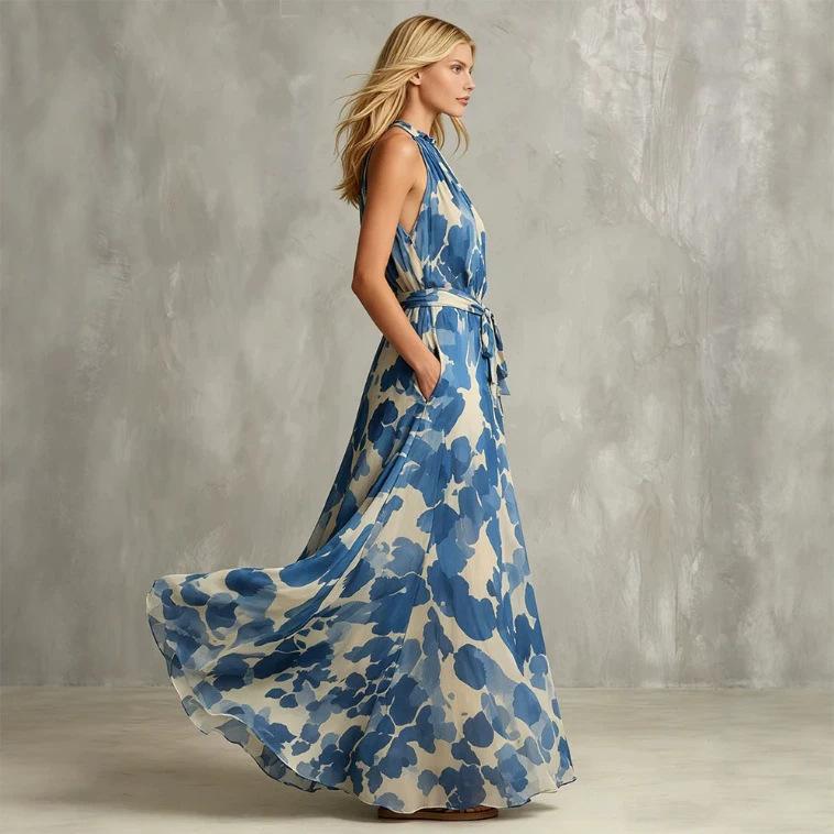 European and American Retro Elegant Blue Printed Sleeveless Tie Waist Yarn Dress