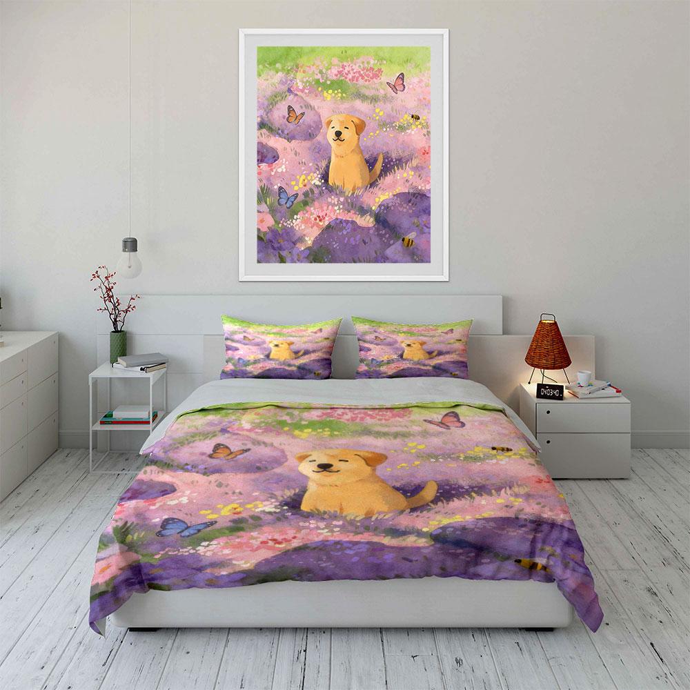 Dog-Themed Spring Field Decor Soft Comfortable Duvet Cover Bedding Set Included 1*Duvet Cover & 2*Pillowcases, Gift
