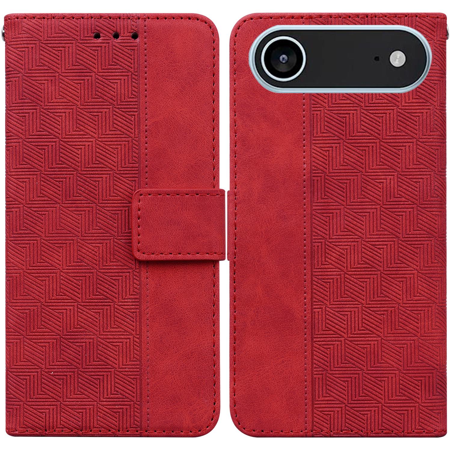 

For iPhone 17 Air Case Geometry Pattern Leather Wallet Phone Cover with Wrist Strap Red