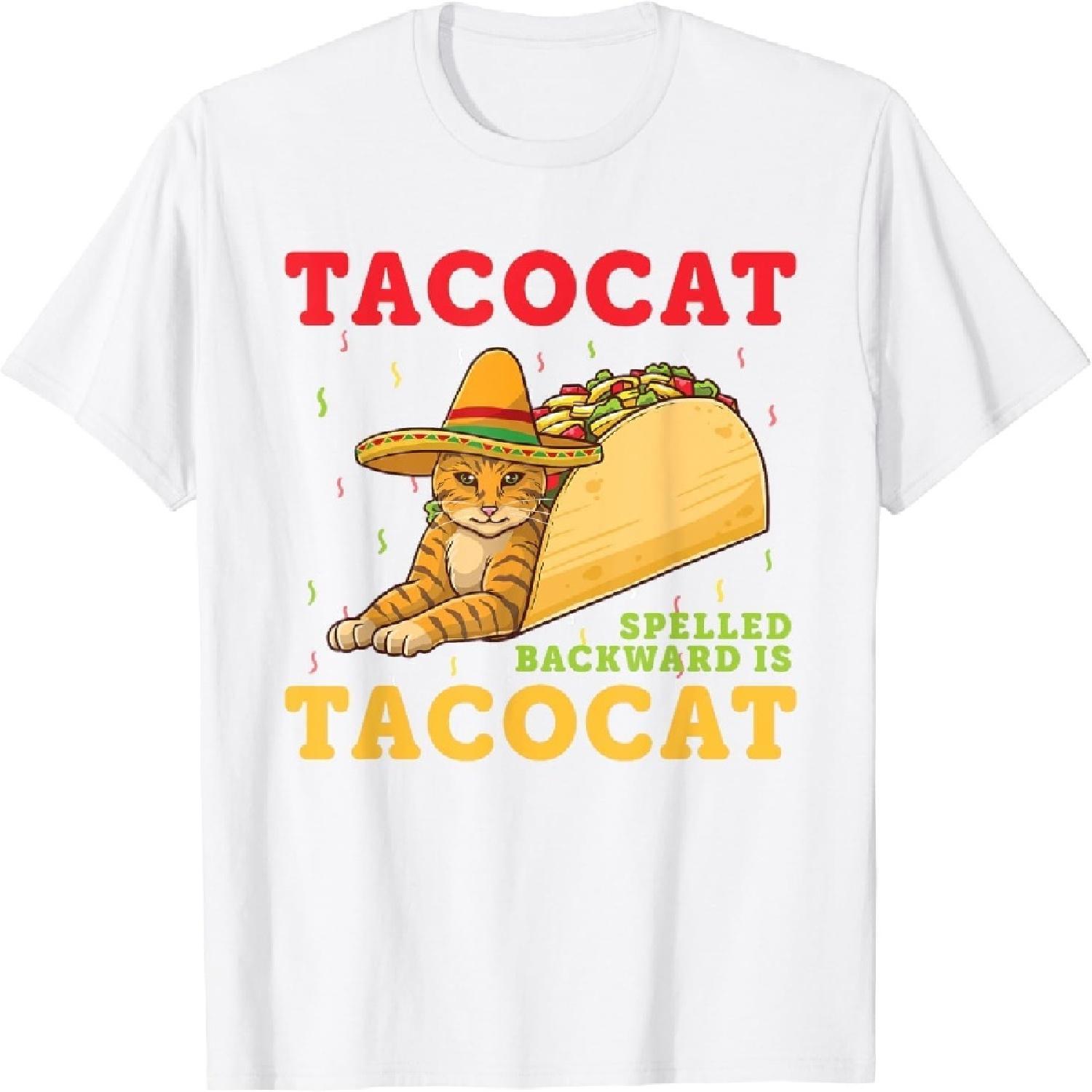 Футболка с рисунком Tacocat (Котопес), написанным наоборот, Тако и Кошки, Футболка на Пятое Мая Кошка, Смешная Графическая Футболка, Новинка S белый