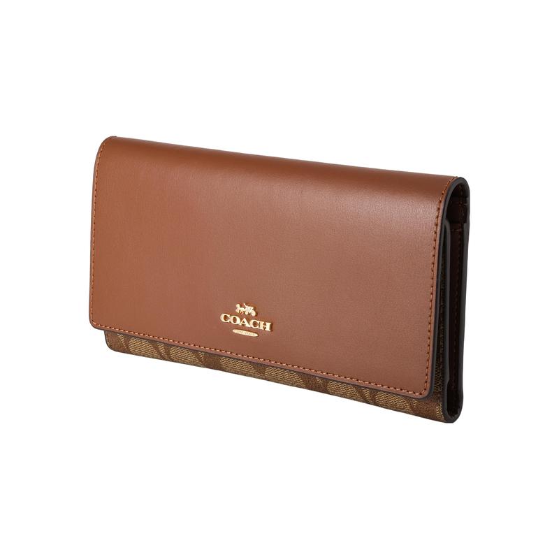 COACH Trifold Wallet 17 Horizontal Printed Fold Coated Canvas Leather Clutch Wallet Women's Brown