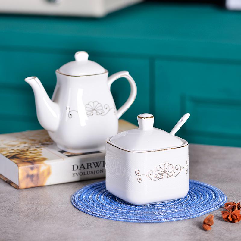 Gold-Trimmed Ceramic Spice Jar Set: Salt, Sugar, Oil & Vinegar