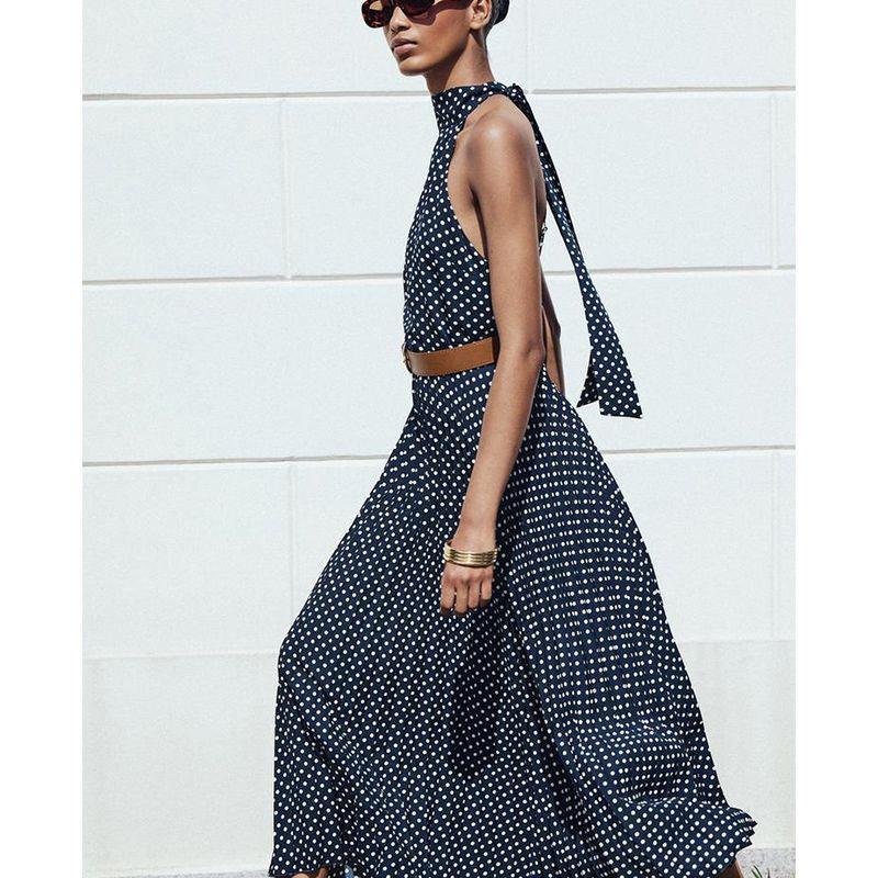 Summer New Bowknot Decoration Sleeveless with Belt Polka Dot Hanging Collar Midi Skirt Dress 3555902