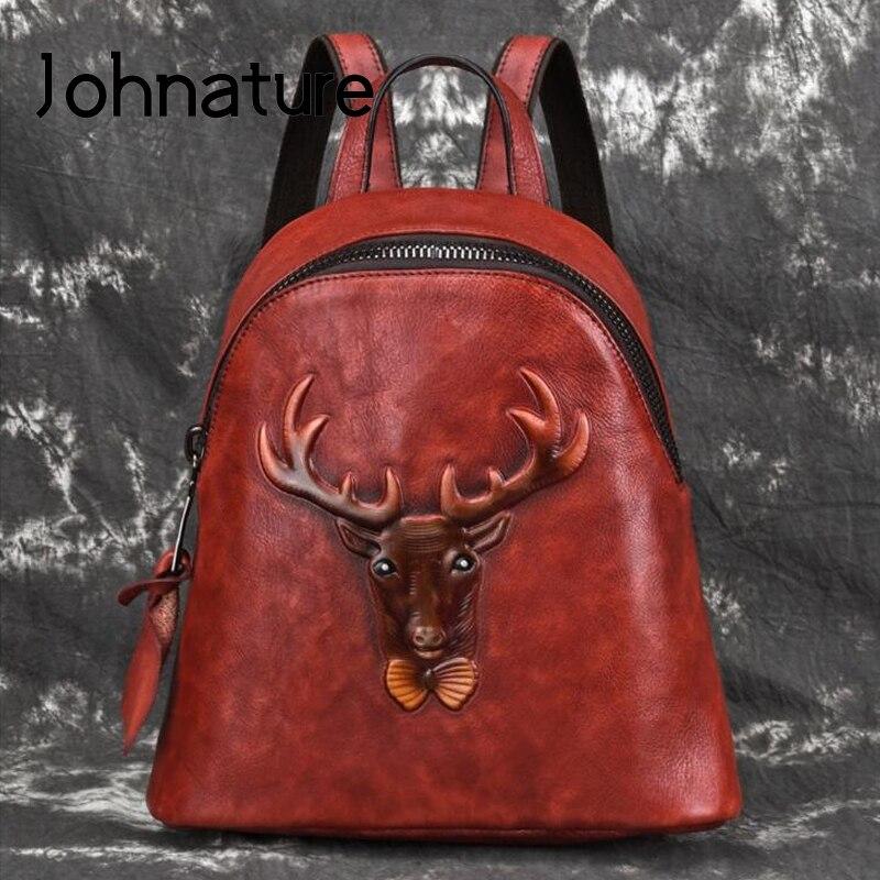 Johnature Genuine Leather Backpack Women Bag Vintage Animal Prints Embossing Leisure Large Capacity Outdoor Travel Bags