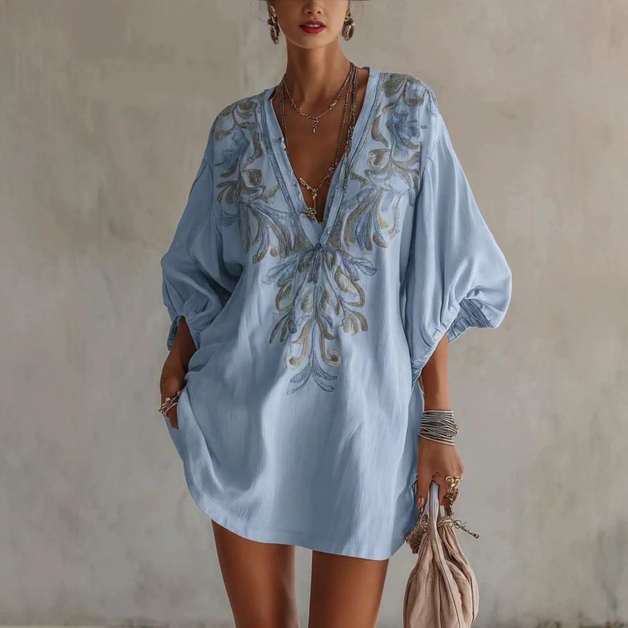 Street Style Mini Dress With Deep V Neck Floral Print For Summer Casual Wear