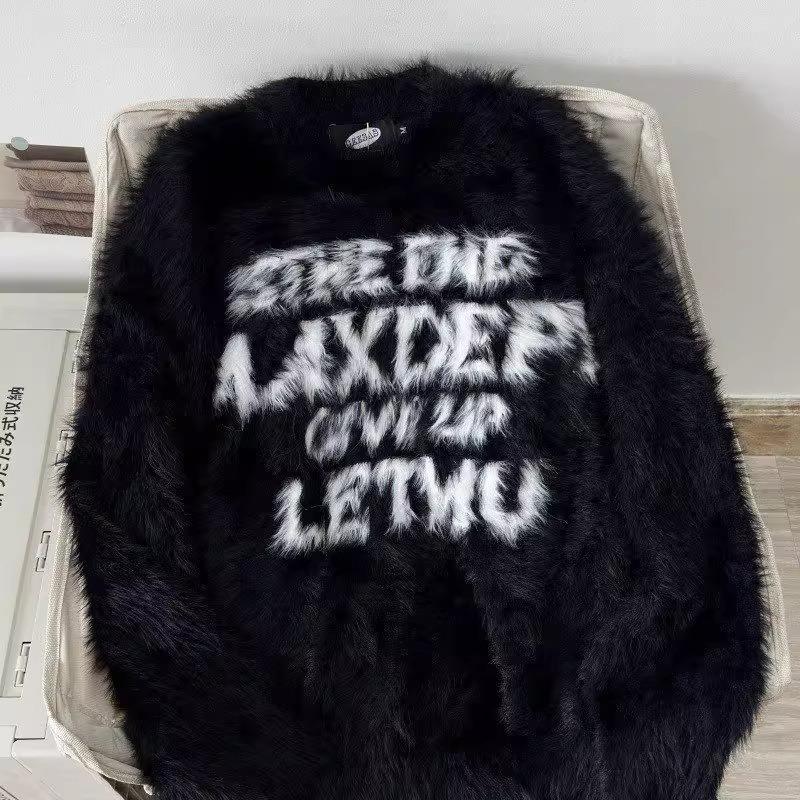 

Унисекс свитер из искусственного меха норки в американском стиле – Плюшевый, модный, повседневный осенне-зимний трикотаж с буквенным дизайном 2XL чёрный