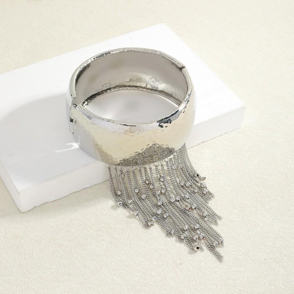 Silver-Tone Plated Tassel Cuff Bracelet High-Polished Finish Hypoallergenic Material Statement Metal Jewelry