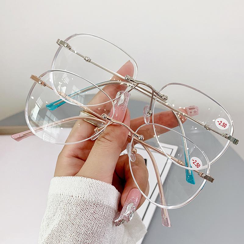 Fashion Rimless Oval Prescription Myopia Glasses Men's Women's Oversized Anti-Blue Light Finished Glasses