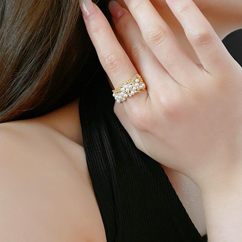 Irregular Pearl Open Ring Geometry Metal Rings Temperament Vintage Rings  Gift