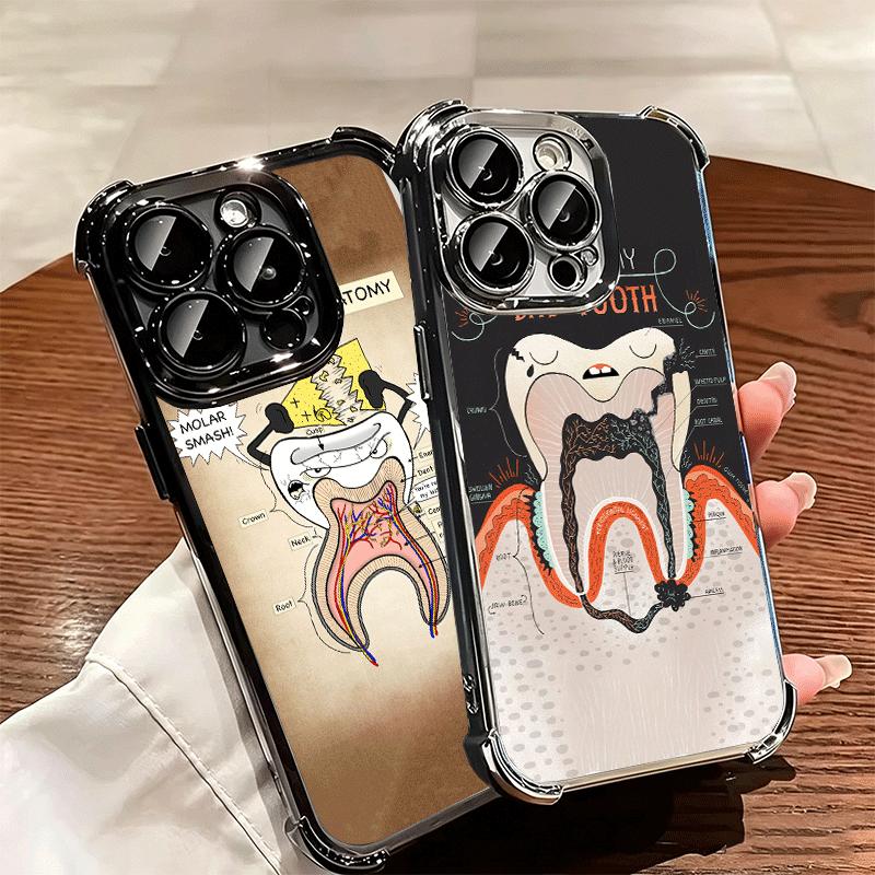 Tooth Dentist Pattern Plating Phone Case For Iphone 16 17 Pro Max Air 16E 14 15 Plus 12 13 Mini Anti-Fall Airabag Cover