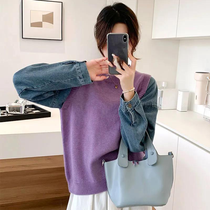 WTEMPO O-Ausschnitt Fake Zweiteiler Jeanshemd Pullover Langarm Stitching Stricktop Damen Herbst Winter Rundhals Loose Pullover