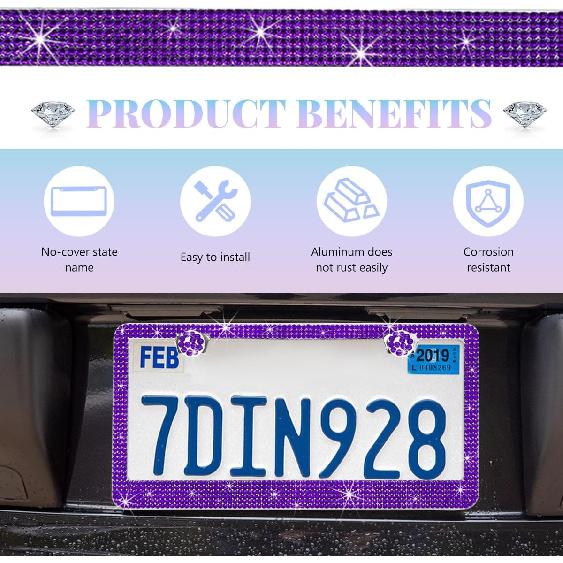Bling License Plate Frame, Sparkly Rhinestone Car Tag Cover with Glittery Screw Caps, Stainless Steel Handcrafted Crystal Licence Plate Holder for