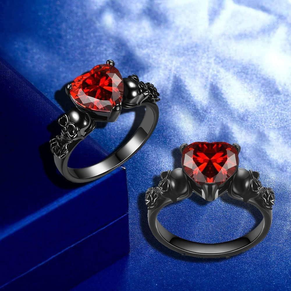 Gothic Skull Black Rose Flower Rings Women Purple Red Heart Zircon Crystal Valentine's Day Anniversary Engagement Jewelry