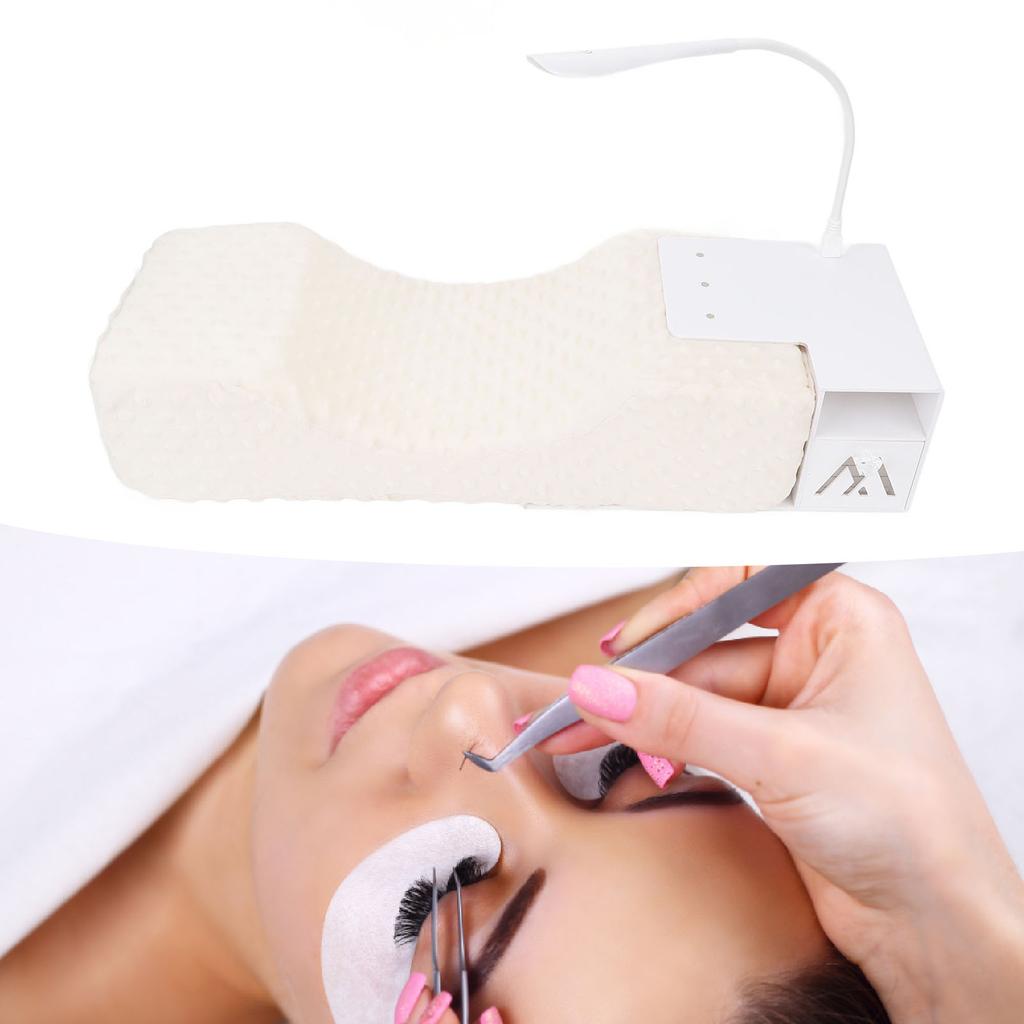 U Shaped Eyelash Extension Neck Pillow with LED Light Acrylic Shelf Organizer Stand Blue Lighting Cabinet for Lash Tech Supplies