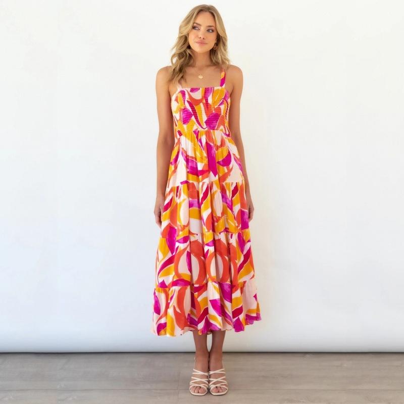 Vestido longo com estampa floral para mulheres, decote quadrado, cintura alta, sem mangas, vestido longo de verão, férias, praia, vestido respirável, fino, macio e confortável