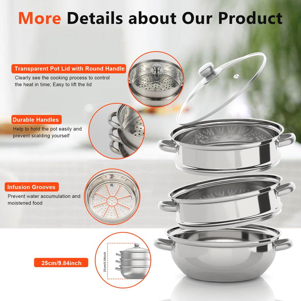 28cm Three-Layer Stainless Steel Soup Steamer | 410 Stainless Steel, Silver, with Transparent Lid, 32.5 * 25cm/12.8 * 9.84in