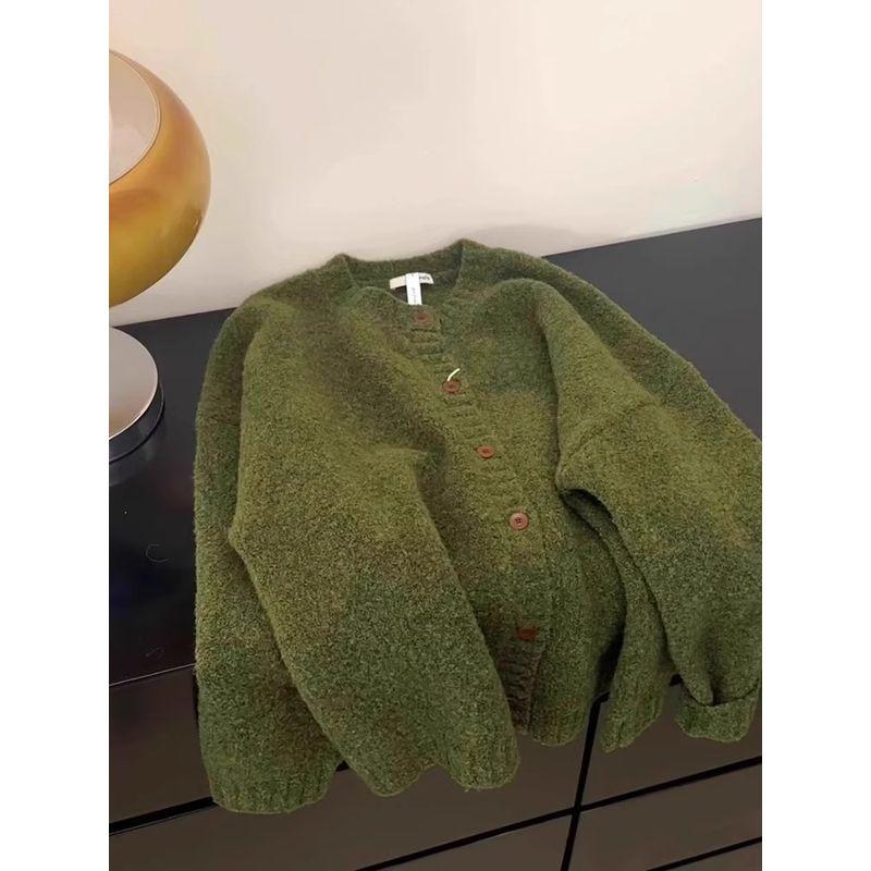 

Retro Green Knitting Cardigan Outwear Female Autumn and Winter Thickening Lazy Fancy Soft Glutinous Sweater Loose Korean Style Tops Green L(Suggested 52.50 kg-57.50 kg)