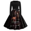 Women's Vintage Classic Dress Long Sleeve 2024 New Year Printed Ound Neck Swing Dress
