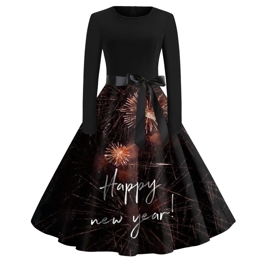 Women's Vintage Classic Dress Long Sleeve 2024 New Year Printed Ound Neck Swing Dress