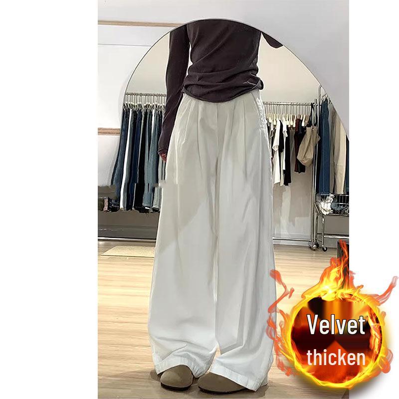 Plus Size High Waist Fleece-Lined White Pleated Wide-Leg Jeans for Women - Autumn/Winter Loose Straight Leg Floor-Length Pants
