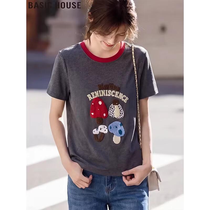 Basic House Women s Embroidered Loose Fit Round Neck T-Shirt L