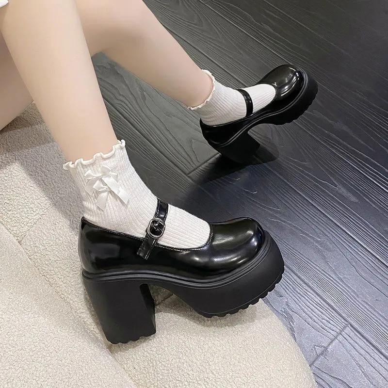 Autumn High Heels Mary Janes Shoes  Leather Heeled Shoes Woman Platform Ankle Strap Pumps for Women
