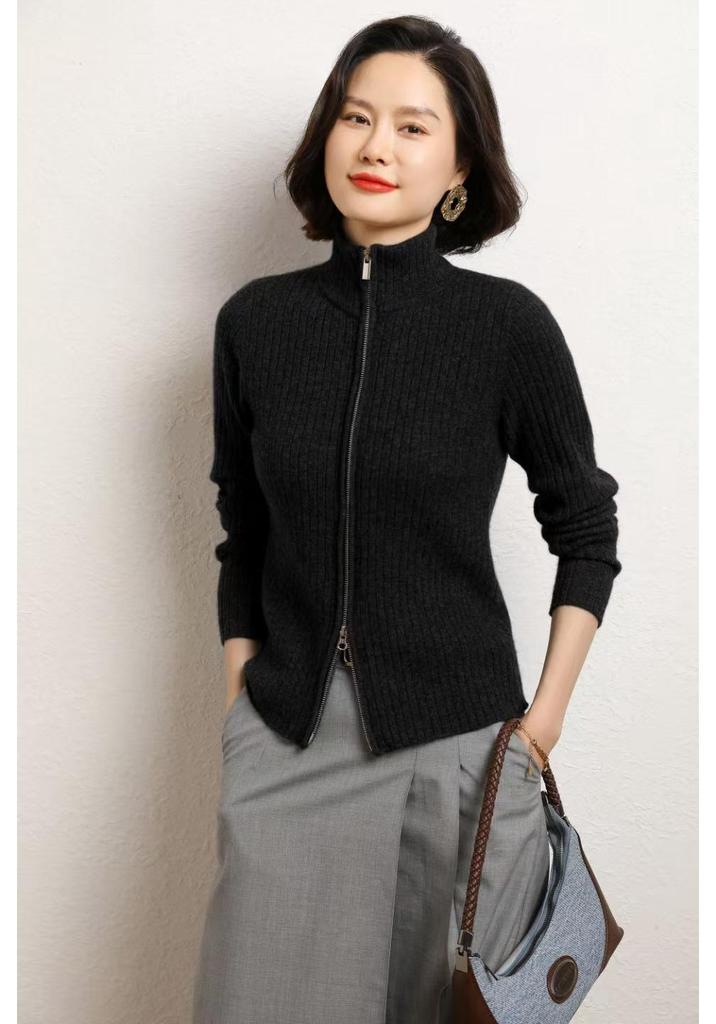 Women's Slim Fit Cashmere Zipper Cardigan – Autumn/Winter Korean Style Knit Sweater with Drawstring