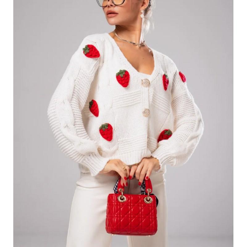 Womens Oversized V-Neck Knit Cardigan With 3D Strawberry Print Loose Fit Casual Sweater Jacket Acrylic Blend 2025
