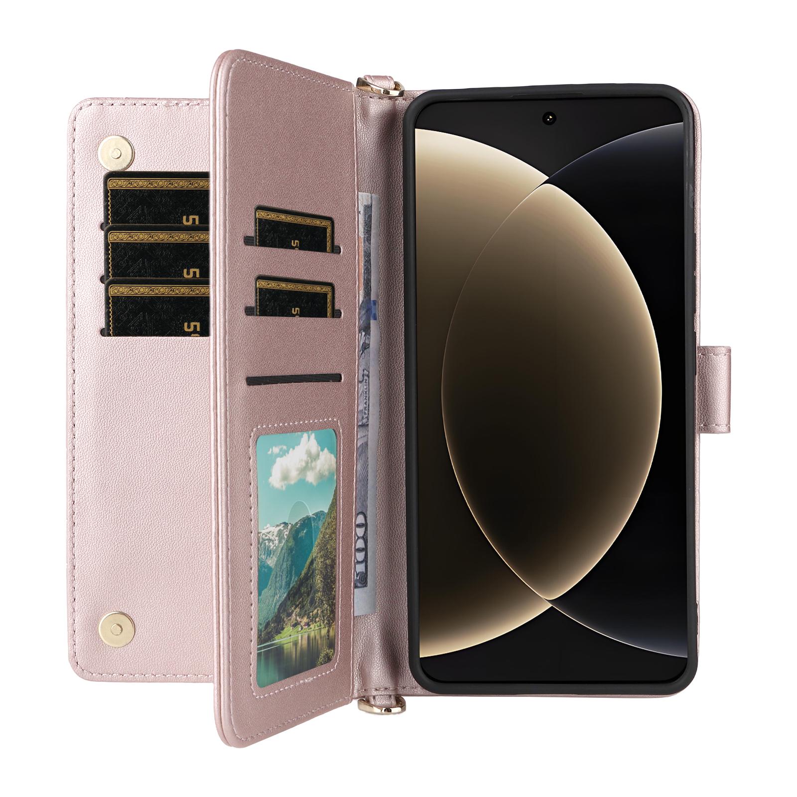 

For Xiaomi 15 Ultra Wallet Case with Shoulder/Wrist Strap Leather Phone Cover Stand Rose