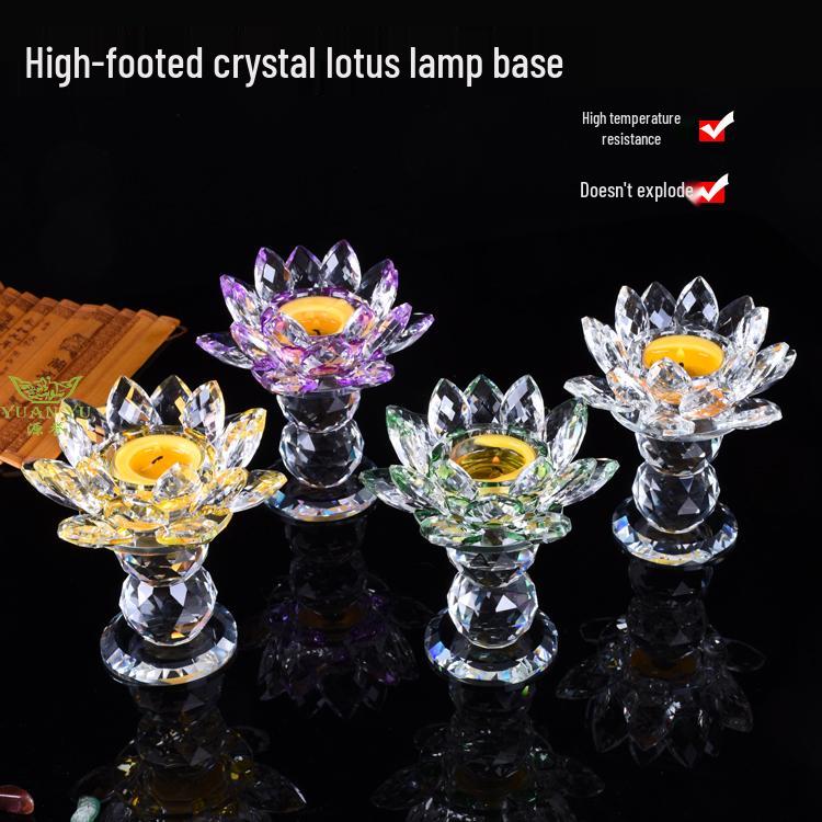 Seven-Color Lotus Crystal Glass Candle Holder for Buddhist Offering Table
