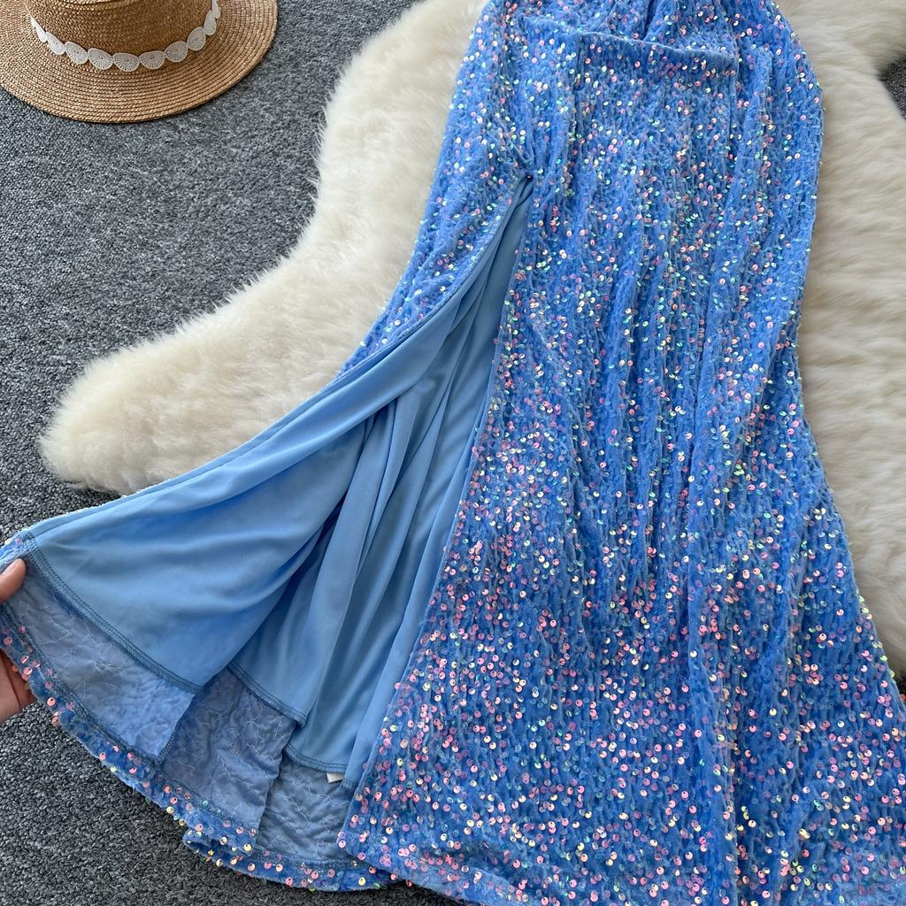 Autumn Winter Women Sexy Spaghetti Strap Open Back Evening Party Dress Sequined Long Maxi Mermaid Christmas Dresses