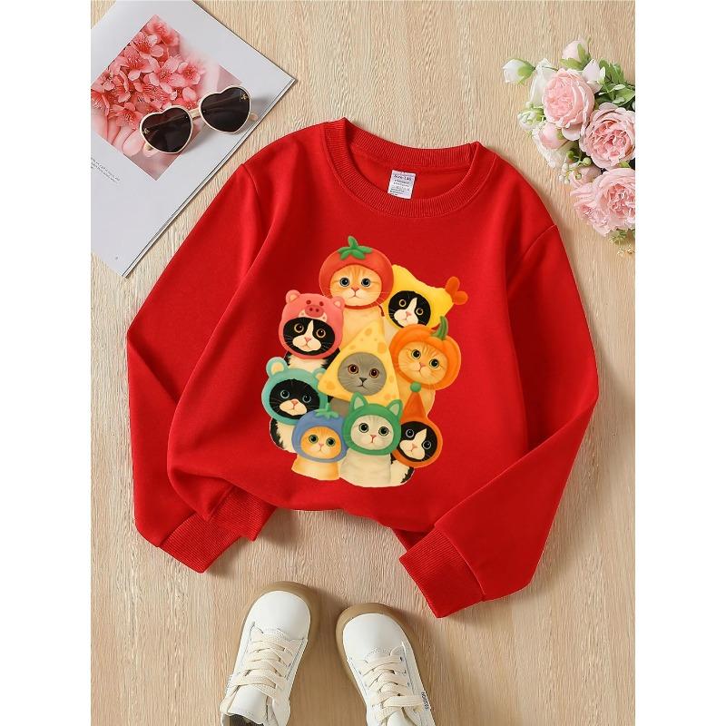 Kids Unisex Crewneck Sweatshirt, Cute Stacked Cats Wearing Fruit Vegetable Cheese Animal Hats Cartoon Print Soft Pullover For Kids Over 4 Years Old