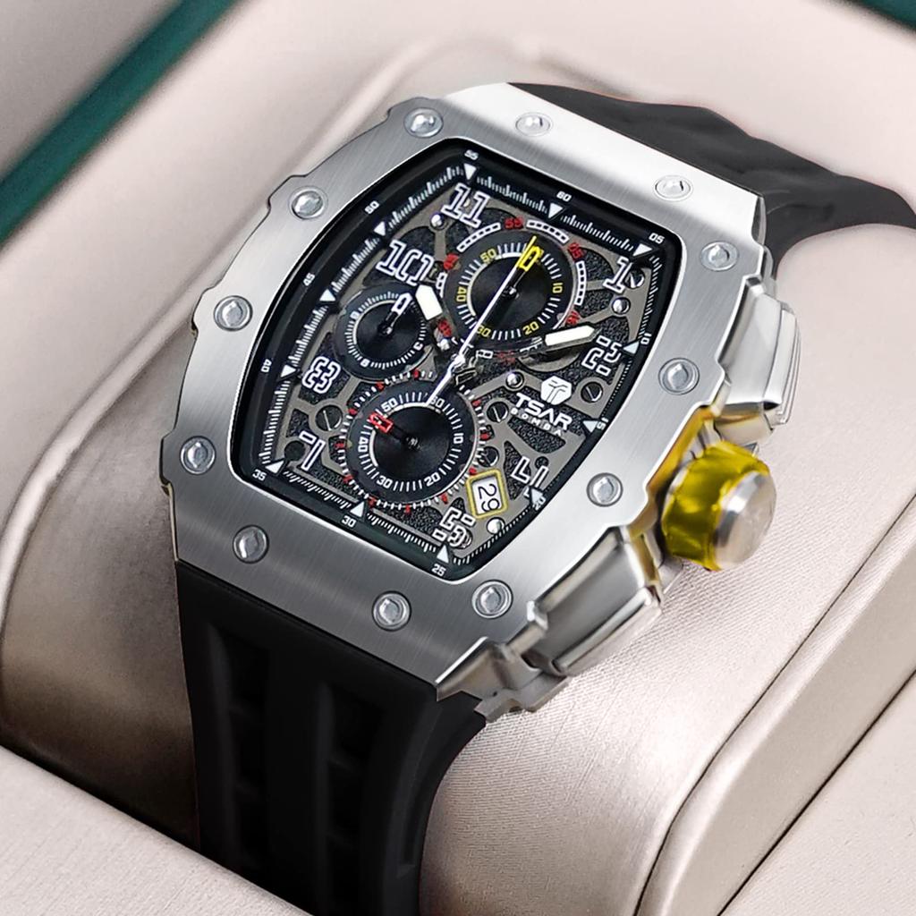 TSAR BOMBA Skeleton Mechanical Automatic Watch with Ceramic Japanese Tonneau Silicone 50M Water Luminous Luxury Watch for and Casual Wear Men's