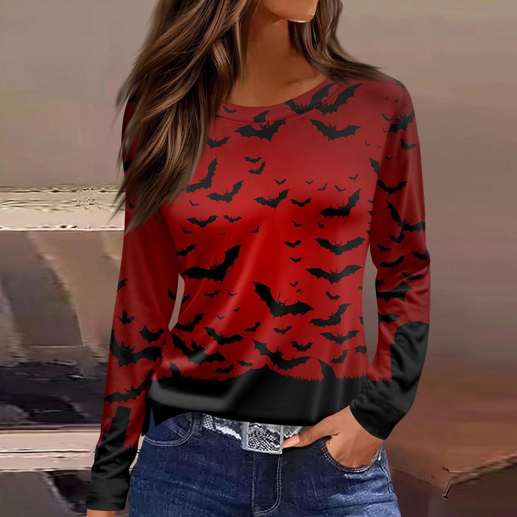 Damesmode Casual Split Zoom Ronde Hals Lange Mouw Los Halloween Bedrukt T-shirt Dames Top