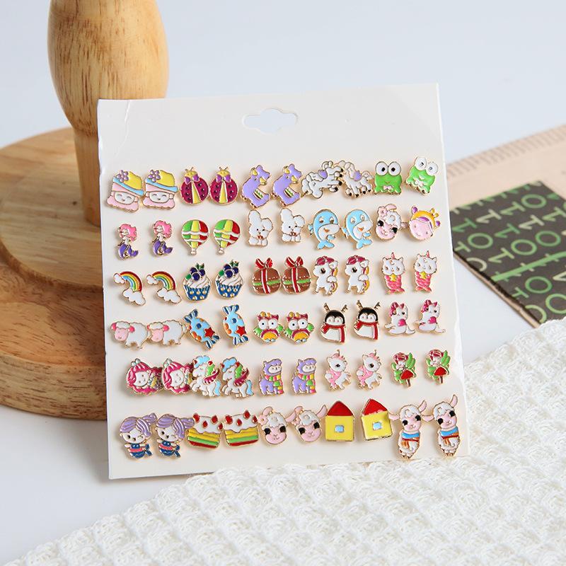 Colored small animal penguin stud earrings 10 pairs combination, cartoon unicorn sheep earrings animal stud earrings