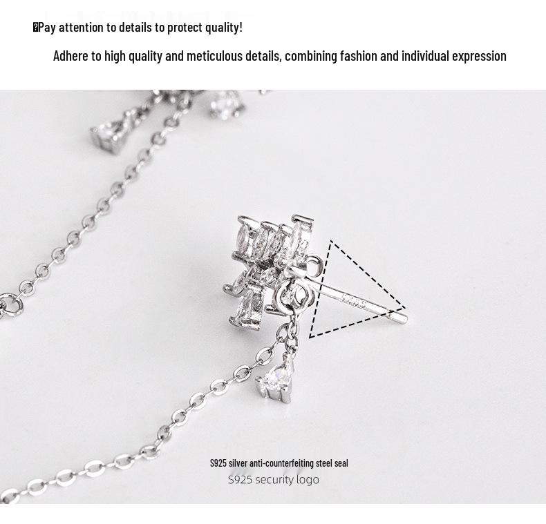 Banyan Tree S925 Silver Tassel Earrings - Elegant Diamond Flower Design for Women