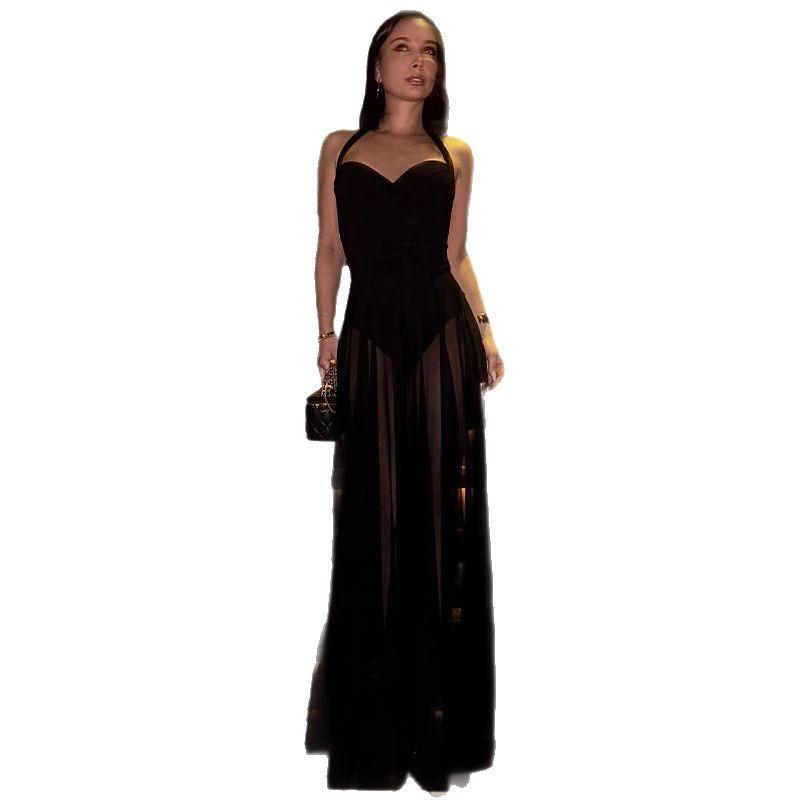 2026 Backless Hanging Neck Sexy Mesh See Through Long Dress New Fashion Black Elegant A-line Dress Women Sleeveless Summer Slim Party Dress
