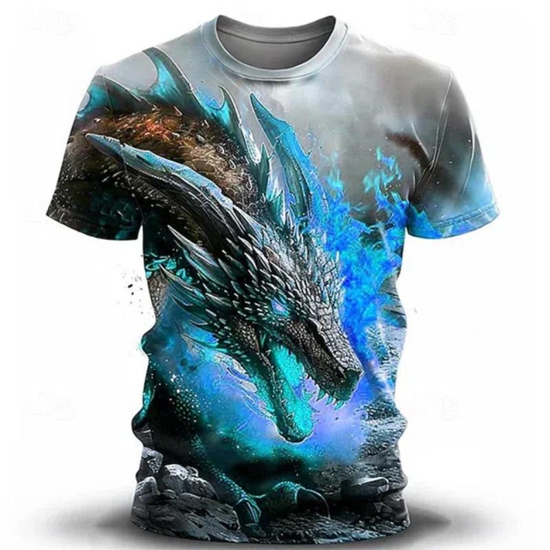 Men's Summer Casual 3D Printed Short Sleeve T-shirt Round Neck Large Size Printed Dragon Pattern Breathable Short Sleeve