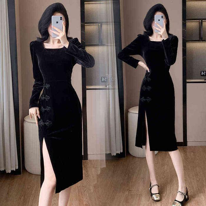 

Autumn new fashion dress high-end temperament golden velvet retro long-sleeved professional slit improved cheongsam 3XL чорний